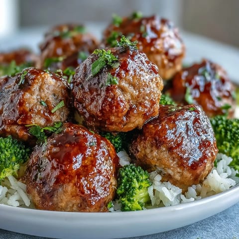 Golden-brown Honey Garlic Turkey Meatballs glazed in a sticky sauce, served over steamed rice with tender broccoli florets for a complete bowl.