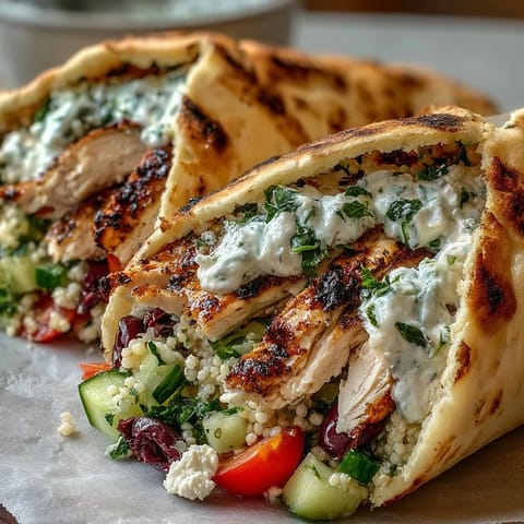 Freshly grilled Greek lemon chicken slices and vibrant couscous salad stuffed inside warm pita bread pockets.