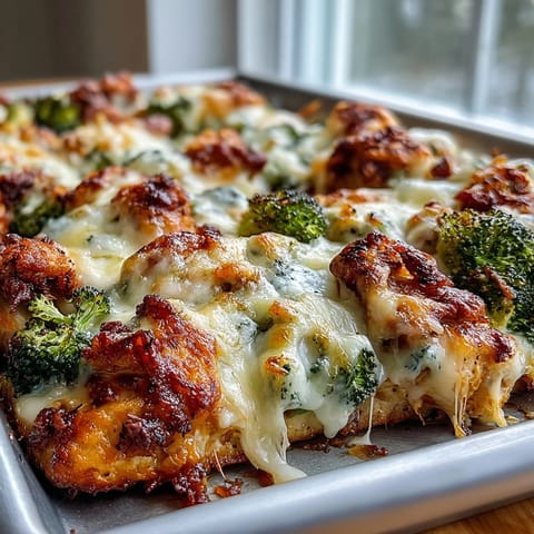 Ranch Chicken & Broccoli Sheet Pan Melt presented with golden melted cheese over tender chicken and vibrant green broccoli.