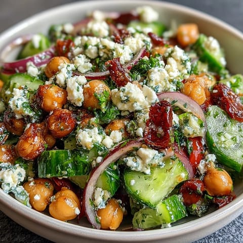 A colorful, protein-rich Mediterranean Chickpea Salad with Cucumber and Feta, perfect for a light lunch or vibrant side dish.  