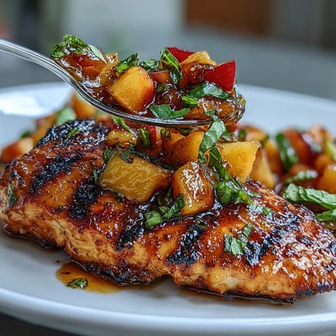 Grilled chicken breasts topped with vibrant peach basil salsa, juicy and bursting with summer flavor.