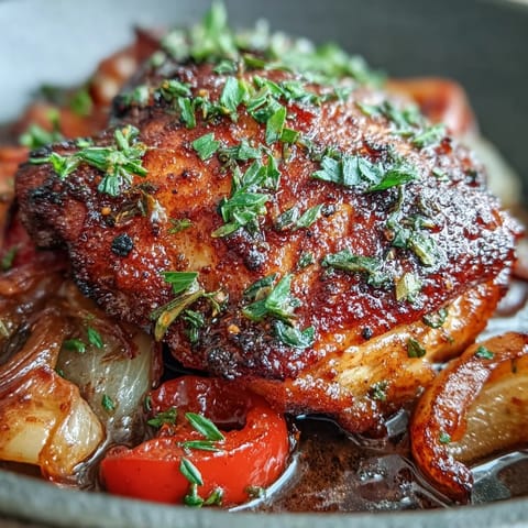 Smoky paprika-seasoned chicken thighs and colorful peppers roasted together for a savory, easy one-pan dinner.  