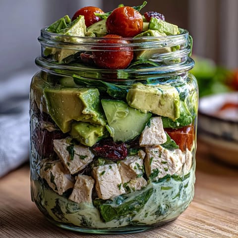Fresh avocado chicken salad layered in mason jars with cherry tomatoes, cucumber, and spinach for a keto-friendly meal prep.  
