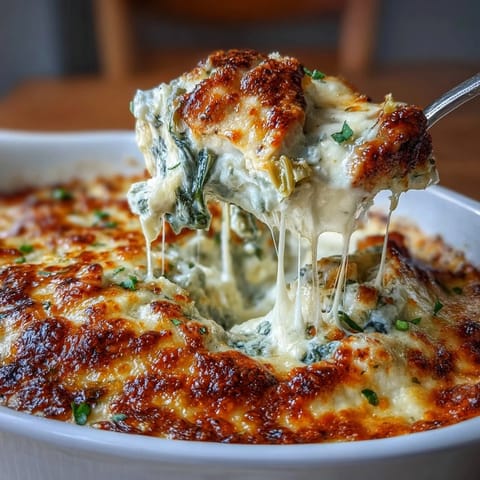 Golden-baked Keto Spinach Artichoke Chicken topped with melted mozzarella and Parmesan.