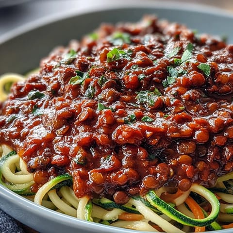 Vegan lentil Bolognese served over spiralized zucchini and carrots, rich tomato sauce with tender lentils and fresh herbs.