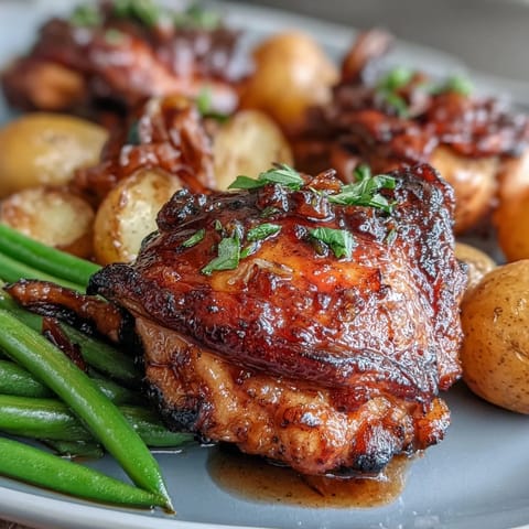 Juicy chicken thighs coated in sweet honey garlic sauce, surrounded by tender roasted potatoes and crisp green beans.  