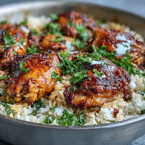 One Pot Shawarma Chicken and Rice with aromatic spices and tender chicken thighs, served with a creamy yogurt drizzle.  