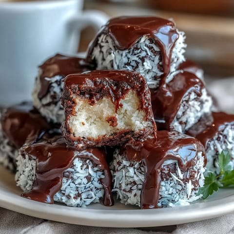 Healthy chocolate coconut bites with shredded coconut, maple syrup, and dark chocolate coating, arranged on a parchment-lined tray.  