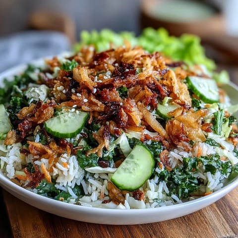 Crispy rice salad with peanut sesame dressing, colorful vegetables, and crunchy textures for a fresh meal.  