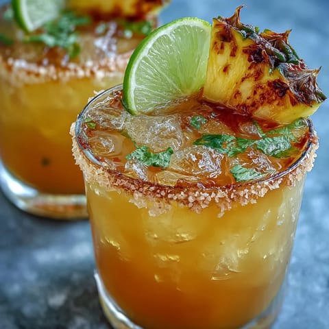 Vibrant pineapple margarita mocktail with a salted rim, garnished with fresh lime and pineapple slices in chilled glasses.  