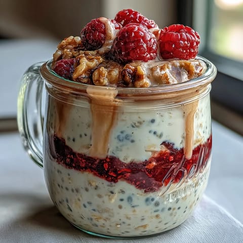 Creamy overnight oats with raspberry chia seeds, a healthy and colorful breakfast parfait.  