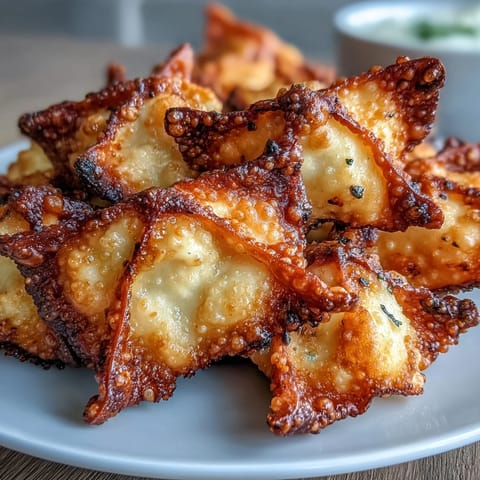 Crispy air-fried wontons bursting with creamy crab and cream cheese filling, golden brown and perfect for dipping.