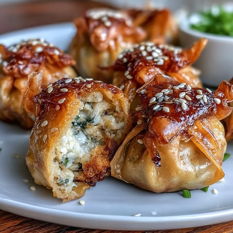 Crispy rice paper dumplings filled with savory tofu and vegetables, golden brown and ready to serve with chili sauce.