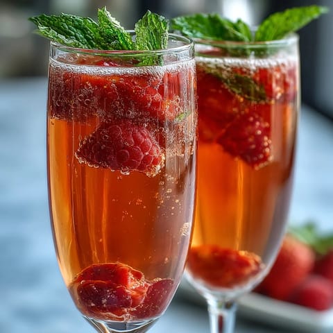 A vibrant Galentines Brunch Strawberry Bellini Bar with sparkling Prosecco and fresh strawberry purée, perfect for a festive gathering.