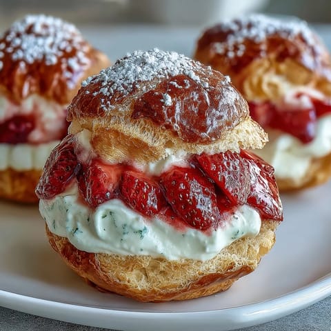 Light and airy Valentine strawberry cream puffs filled with fresh strawberry whipped cream and dusted with powdered sugar.