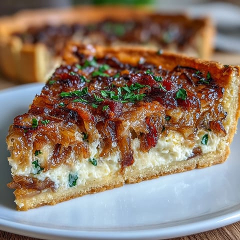 Golden quiche with caramelized onions and crispy bacon baked in a flaky crust, topped with melted Gruyère cheese and served warm.