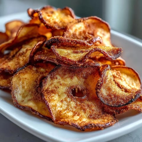 Golden apple chips dusted with cinnamon sugar, air-fried to crisp perfection for a healthy snack.