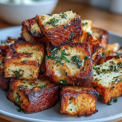 Crunchy air-fried sourdough cubes tossed with garlic and Italian herbs, ideal as a flavorful salad or soup topping.  