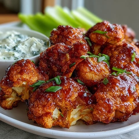 Golden, crispy cauliflower florets tossed in tangy Buffalo sauce, air-fried to perfection for a healthy appetizer.