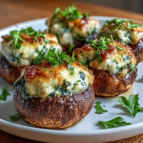 Crispy air fryer stuffed mushrooms loaded with creamy spinach and cheese filling, perfect as an easy appetizer. Tender mushrooms baked until golden, topped with Parmesan and fresh herbs. Savory vegetarian bites featuring spinach, garlic, and cream cheese, ideal for parties or snacks.