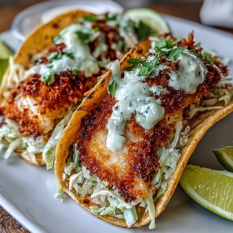 Air fryer fish tacos with crispy golden fish fillets, fresh cabbage slaw, and creamy lime sauce in warm tortillas.  