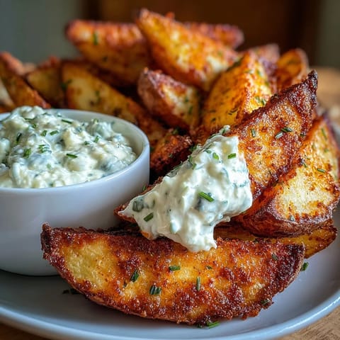 Hot potato wedges with smoky paprika aroma, paired with tangy Greek yogurt and spring onion dip.  
