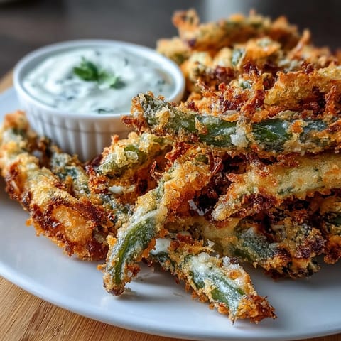 Air fryer crispy green bean fries served with creamy ranch yogurt dip for a healthy snack or appetizer.  