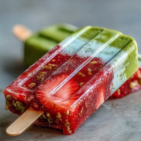 Vibrant strawberry matcha latte popsicles with creamy layers of fresh fruit and earthy green tea, perfect for spring refreshment.