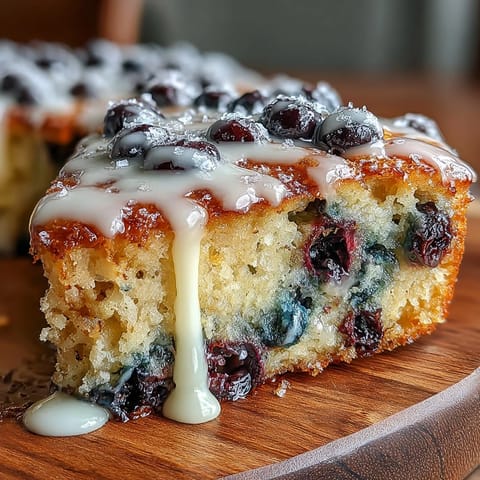 A golden sourdough skillet cake with juicy blueberries, fresh lemon zest, and a tangy lemon icing drizzle, perfect for brunch or dessert.  