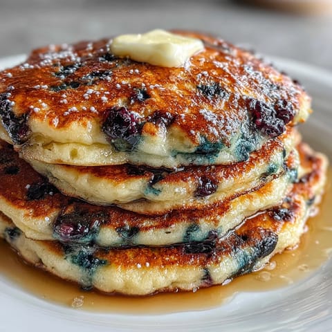 Golden sourdough discard lemon blueberry pancakes stacked high, with juicy blueberries and a hint of citrus zest, perfect for a bright weekend brunch.