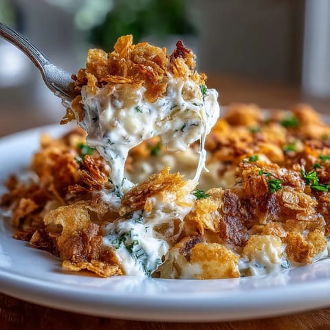 Comforting funeral potatoes casserole with shredded hash browns, tangy Greek yogurt, and crispy buttery cornflake crust.