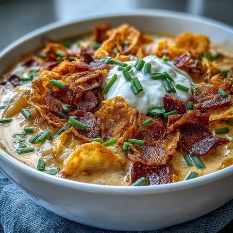 Creamy loaded baked potato soup with crispy potato chip topping, combining cheesy funeral potatoes and savory bacon in a hearty bowl.