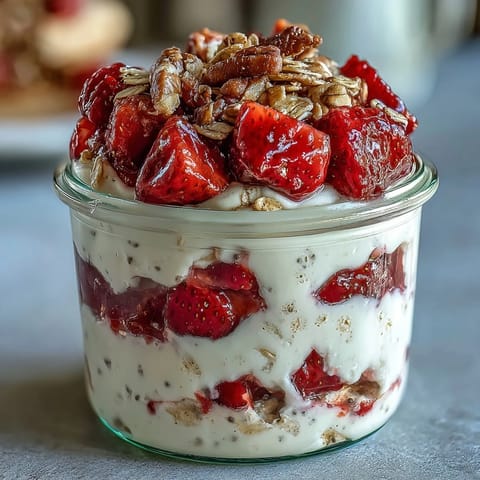 Strawberry shortcake overnight oats with vanilla yogurt, creamy oats layered with fresh strawberries and a dollop of yogurt.