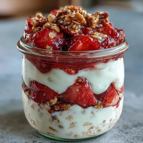 Vanilla yogurt and strawberry overnight oats, a make-ahead breakfast with sweet berries and creamy oats in a jar.