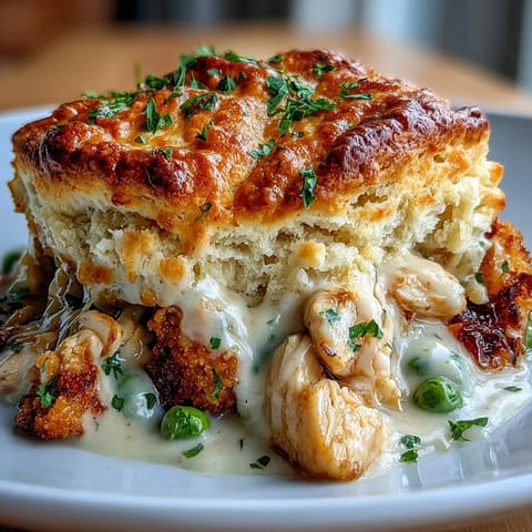 Golden biscuit-topped chicken pot pie with creamy filling and tender vegetables in a classic American comfort dish.