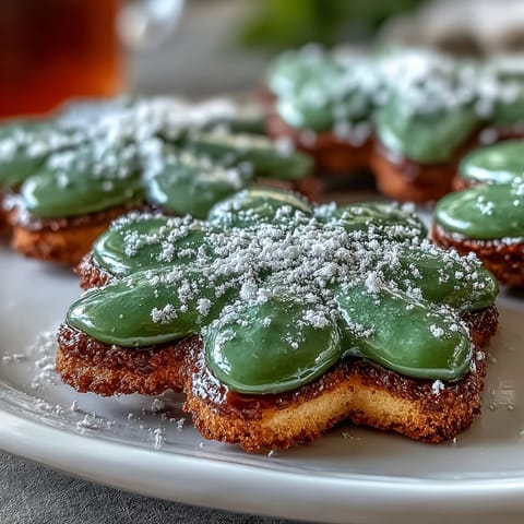 Festive St. Patricks Day shamrock sugar cookies decorated with glossy green royal icing and sprinkles.