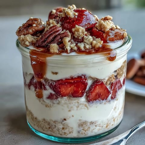 Strawberry cheesecake overnight oats with graham cracker topping, layered with creamy Greek yogurt and fresh strawberries in a jar.