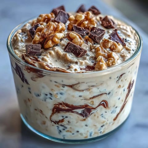 Creamy vanilla protein overnight oats layered with chocolate chips and crunchy walnuts, inspired by classic cookie dough flavors.