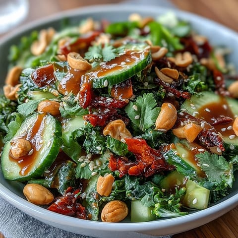 Vibrant celery and peanut salad drizzled with soy ginger dressing, offering crisp texture and bold flavor in every bite.  