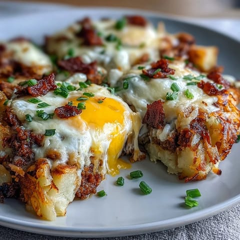 Layered casserole with potatoes, sausage, and melted cheese, perfect for make-ahead breakfasts.  