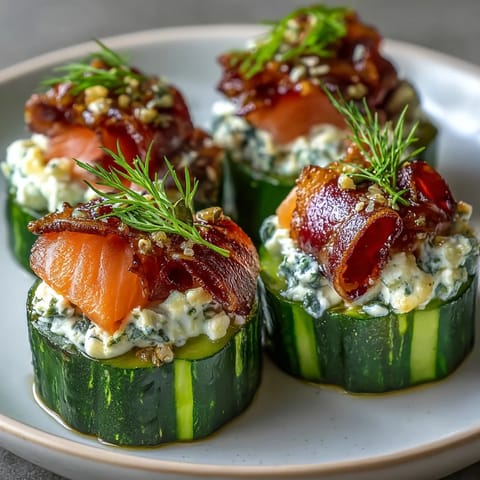 Crisp cucumber slices topped with creamy dill-infused cheese and delicate smoked salmon, garnished with capers for a refreshing bite-sized appetizer.