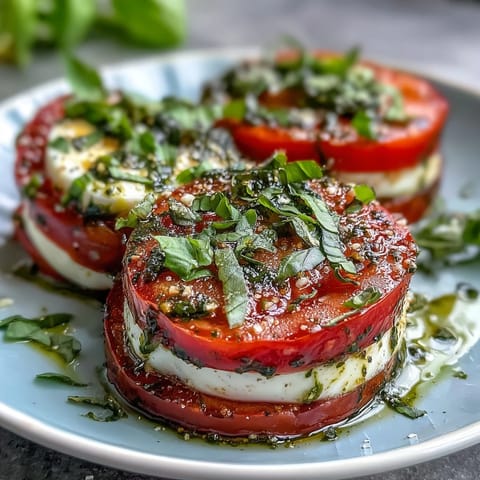 Ripe tomatoes and mozzarella arranged with fresh basil, drizzled with fragrant basil oil for a vibrant summer salad.