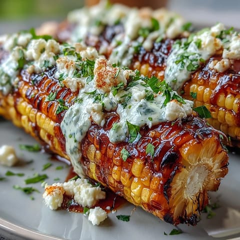 Creamy elote-style grilled corn with tangy sauce, chili, and Cotija cheese for a classic Mexican street food treat.
