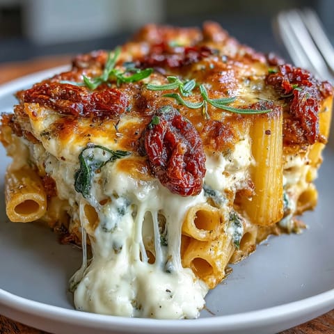 Cheesy sun-dried tomato pasta bake with spinach and mozzarella, baked until golden and bubbly for a comforting vegetarian dinner.