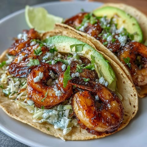 Honey Garlic Shrimp Tacos with juicy shrimp in a sweet and savory glaze, served in warm tortillas with crisp cabbage slaw and zesty lime crema.  
