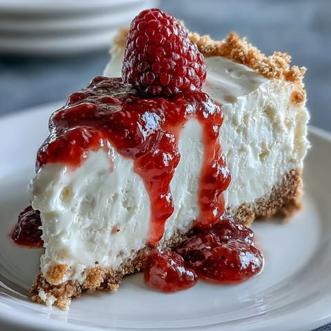 No-Bake Cheesecake with Raspberry Coulis on a serving plate, creamy and smooth with a vibrant red coulis drizzle.  