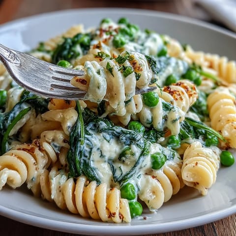 One-Pot Lemon Ricotta Pasta with Peas and Spinach in a creamy sauce with lemon zest and Parmesan.