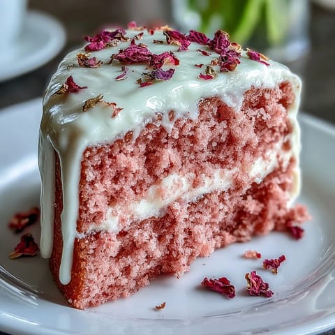 Elegant pink velvet cake infused with rosé wine, topped with cream cheese frosting and a shimmering edible gold drip, perfect for bridal showers.
