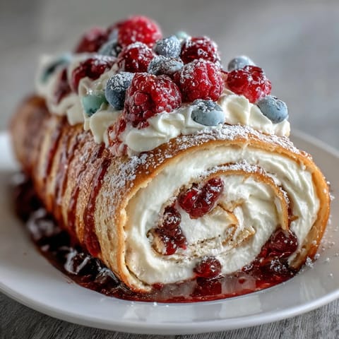 A beautiful crepe roll cake with delicate layers of crepes, whipped cream, and fresh berries, rolled into an elegant dessert.