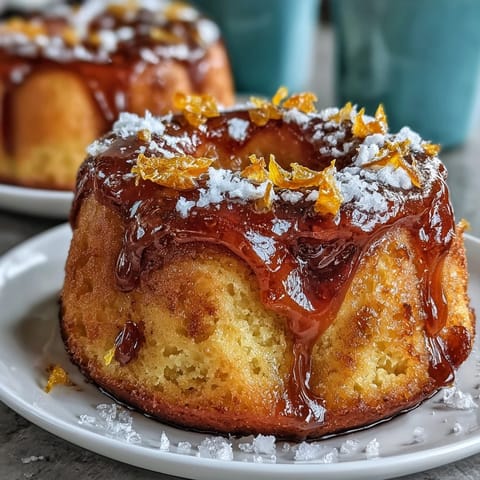 A vibrant whole orange cake with golden crust, moist citrus crumb, and powdered sugar dusting for a fresh dessert.